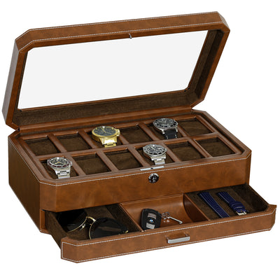 Rothwell 12 Slot Watch Box With Valet Drawer (Tan / Brown)