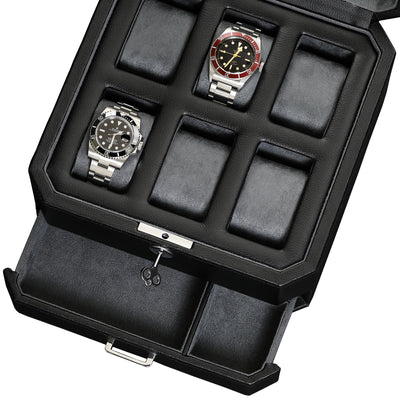 Rothwell 6 Slot Watch Box With Valet Drawer (Black / Grey)