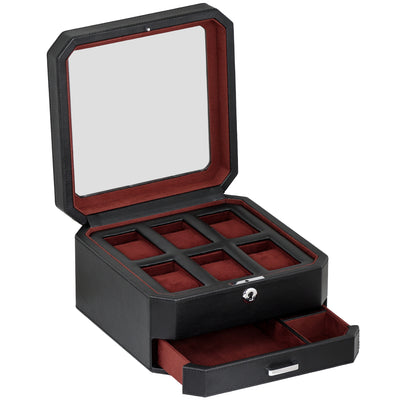 Rothwell 6 Slot Watch Box With Valet Drawer (Black / Red)