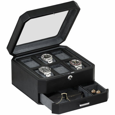 Rothwell 6 Slot Watch Box With Valet Drawer (Black / Grey)