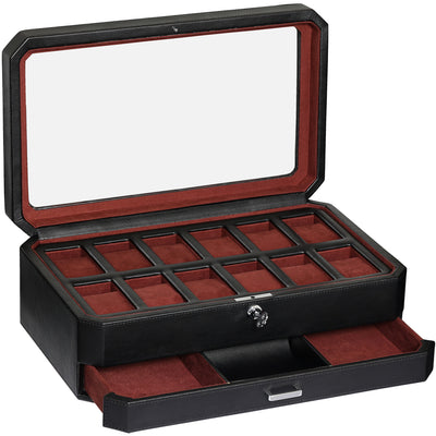 Rothwell 12 Slot Watch Box With Valet Drawer (Black / Red)