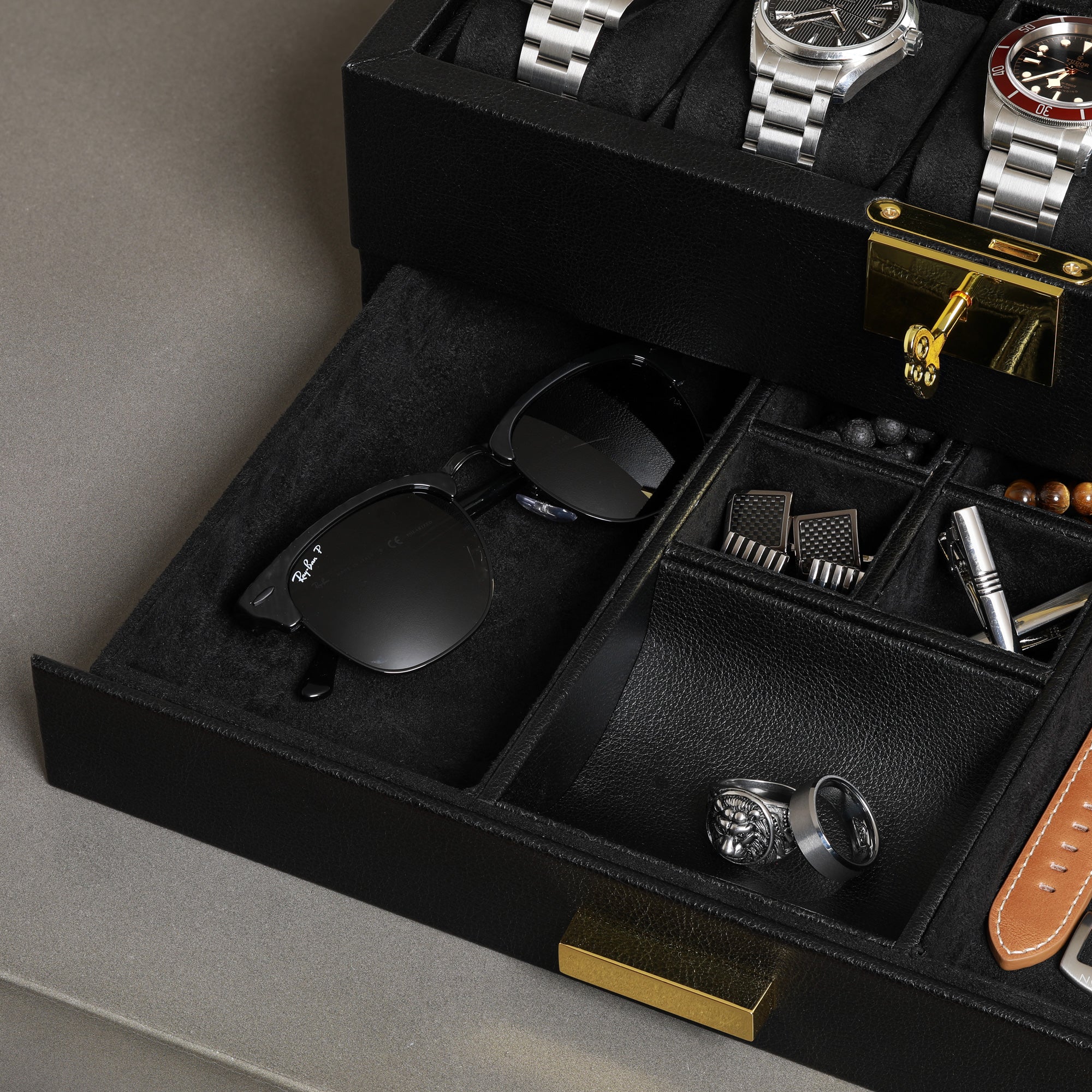 Rothwell 10 Slot Watch Box With Drawer (Black / Black)