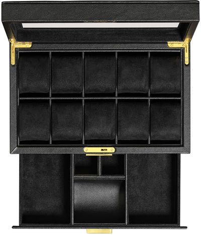 Rothwell 10 Slot Watch Box With Drawer (Black / Black)