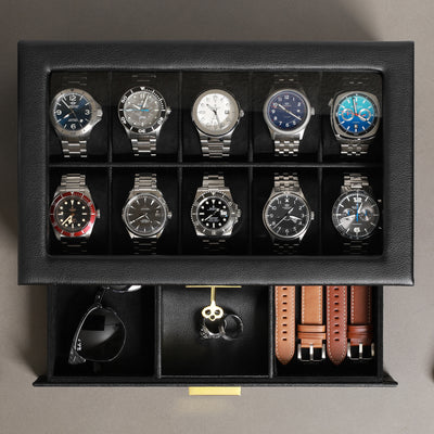 Rothwell 10 Slot Watch Box With Drawer (Black / Black)