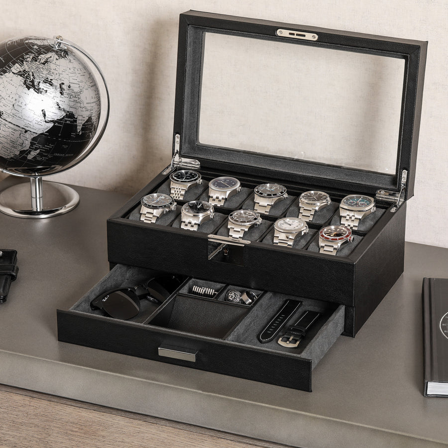 Rothwell 10 Slot Watch Box With Drawer (Black / Grey)