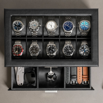 Rothwell 10 Slot Watch Box With Drawer (Black / Grey)