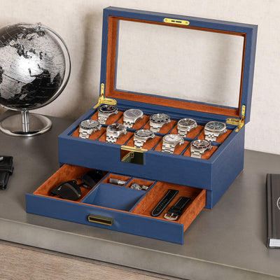 Rothwell 10 Slot Watch Box With Drawer (Blue / Tan)