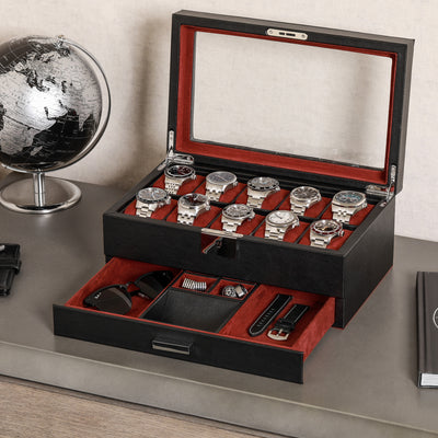 Rothwell 10 Slot Watch Box With Drawer (Black / Red)