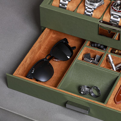 Rothwell 10 Slot Watch Box With Drawer (Green / Tan)