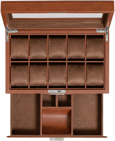 Rothwell 10 Slot Watch Box With Drawer (Tan / Brown)