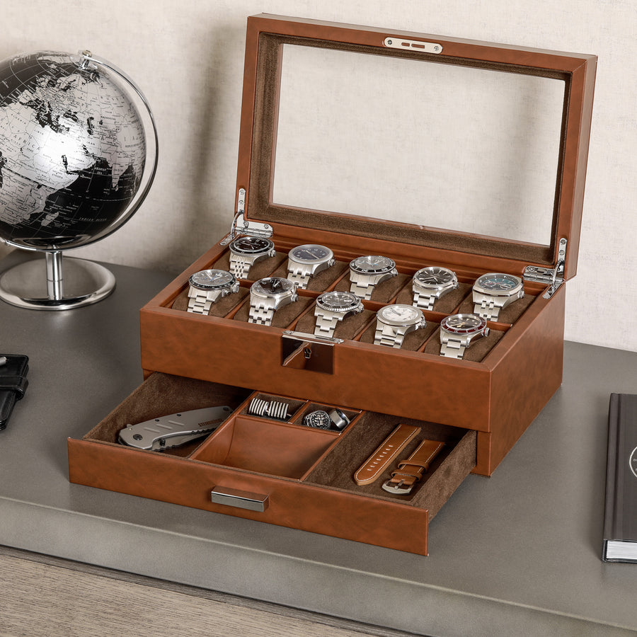 Rothwell 10 Slot Watch Box With Drawer (Tan / Brown)