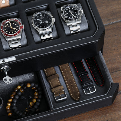 Rothwell 12 Slot Watch Box With Valet Drawer (Black / Grey)