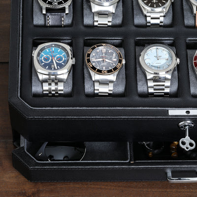 Rothwell 12 Slot Watch Box With Valet Drawer (Black / Grey)