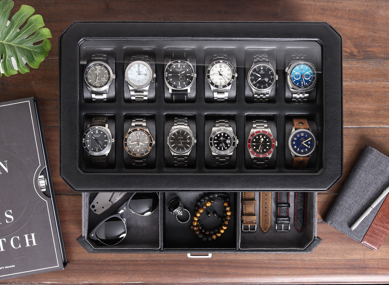 Rothwell 12 Slot Watch Box With Valet Drawer (Black / Grey)