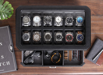 Rothwell 12 Slot Watch Box With Valet Drawer (Black / Grey)