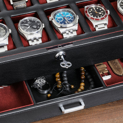 Rothwell 12 Slot Watch Box With Valet Drawer (Black / Red)