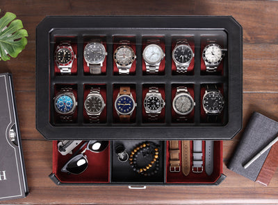 Rothwell 12 Slot Watch Box With Valet Drawer (Black / Red)