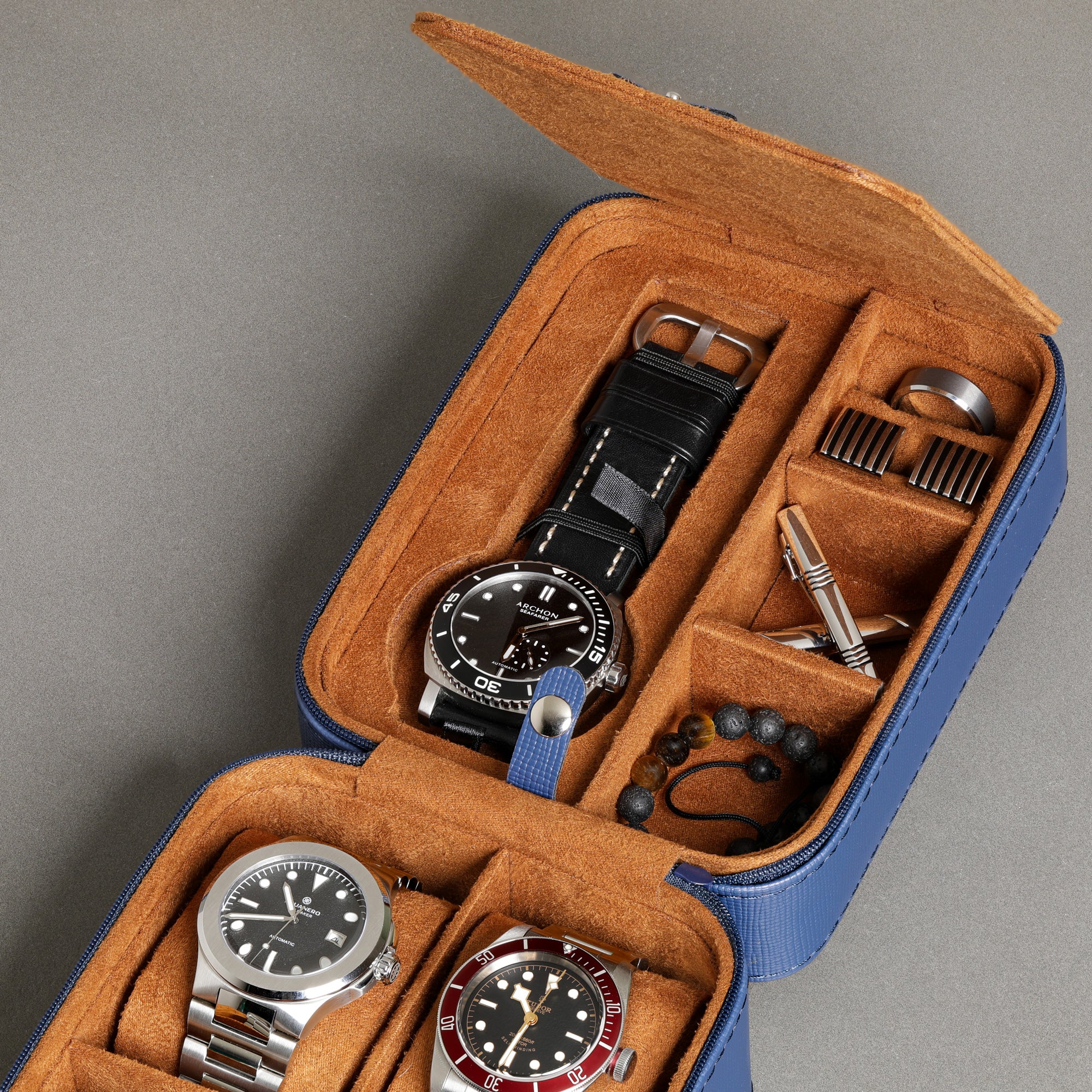 Rothwell 5 Watch Travel Case (Blue / Tan)