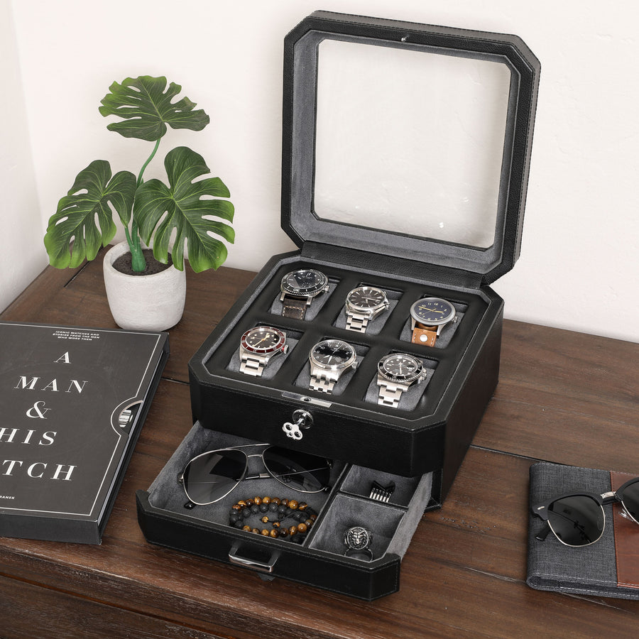 Rothwell 6 Slot Watch Box With Valet Drawer (Black / Grey)