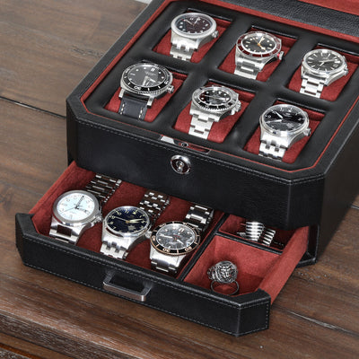 Rothwell 6 Slot Watch Box With Valet Drawer (Black / Red)