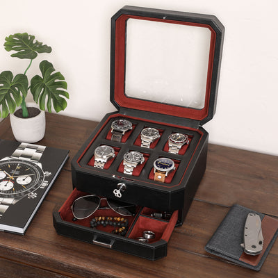 Rothwell 6 Slot Watch Box With Valet Drawer (Black / Red)